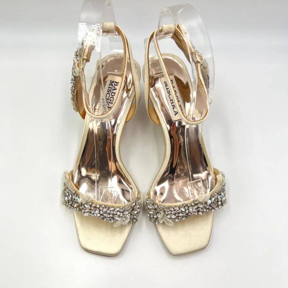 Badgley Mischka Size 5 Ivory White Satin Jeweled Wedges Dress Sandals‎ Shoes